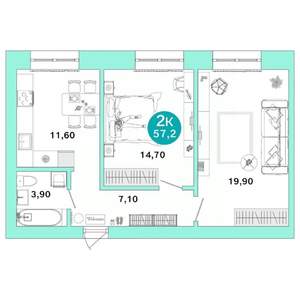 2-к квартира, вторичка, 57м2, 1/4 этаж