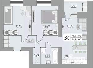 3-к квартира, строящийся дом, 65м2, 15/15 этаж