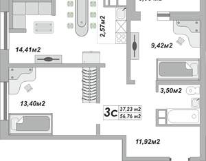 3-к квартира, вторичка, 57м2, 1/25 этаж
