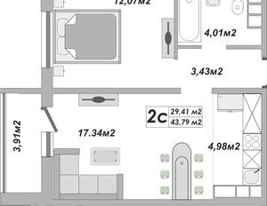 2-к квартира, вторичка, 44м2, 1/25 этаж