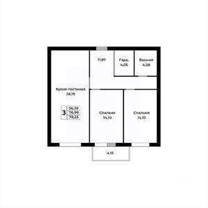 3-к квартира, строящийся дом, 78м2, 2/15 этаж