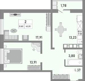 2-к квартира, строящийся дом, 62м2, 17/25 этаж