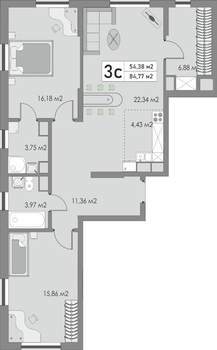 3-к квартира, строящийся дом, 85м2, 3/9 этаж