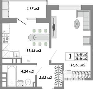 1-к квартира, строящийся дом, 39м2, 15/17 этаж