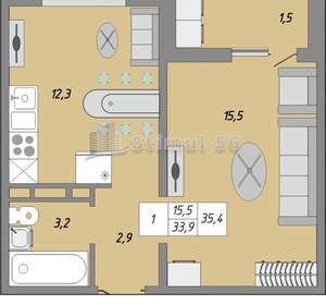 1-к квартира, вторичка, 35м2, 1/25 этаж