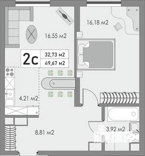 2-к квартира, строящийся дом, 50м2, 2/9 этаж