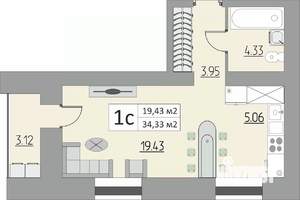 1-к квартира, строящийся дом, 34м2, 2/15 этаж