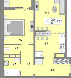 1-к квартира, вторичка, 48м2, 7/24 этаж