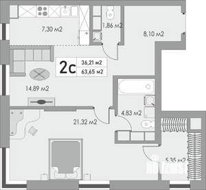 2-к квартира, вторичка, 64м2, 2/10 этаж