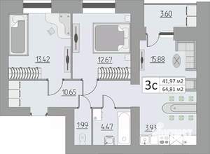 3-к квартира, строящийся дом, 65м2, 1/15 этаж