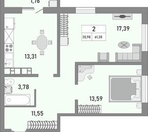 2-к квартира, вторичка, 61м2, 1/25 этаж