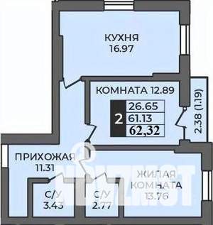 2-к квартира, строящийся дом, 62м2, 2/12 этаж