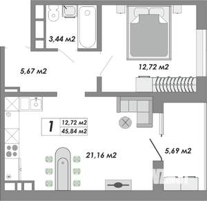 1-к квартира, строящийся дом, 46м2, 12/17 этаж