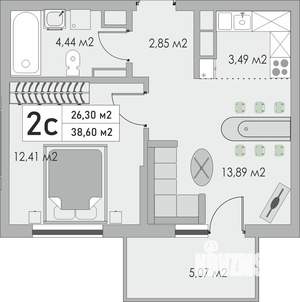 2-к квартира, строящийся дом, 39м2, 6/10 этаж