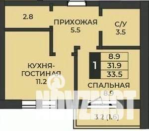 1-к квартира, строящийся дом, 34м2, 1/7 этаж