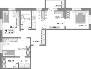 3-к квартира, строящийся дом, 76м2, 7/9 этаж