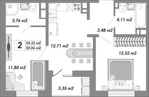 2-к квартира, строящийся дом, 50м2, 3/15 этаж