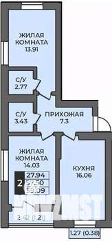 2-к квартира, строящийся дом, 59м2, 9/12 этаж
