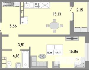 1-к квартира, сданный дом, 47м2, 22/24 этаж