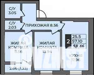 2-к квартира, строящийся дом, 58м2, 1/9 этаж