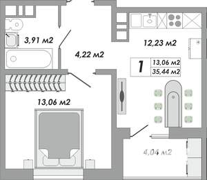 1-к квартира, строящийся дом, 35м2, 9/9 этаж