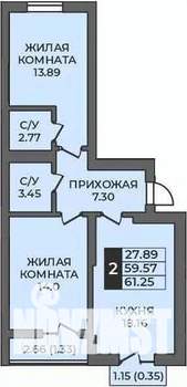 2-к квартира, строящийся дом, 61м2, 8/9 этаж