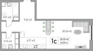 1-к квартира, строящийся дом, 44м2, 2/10 этаж