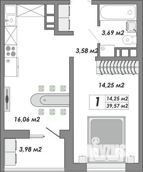 1-к квартира, строящийся дом, 40м2, 2/9 этаж