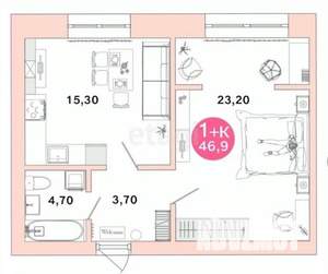 1-к квартира, вторичка, 47м2, 2/2 этаж