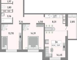 3-к квартира, сданный дом, 72м2, 20/25 этаж