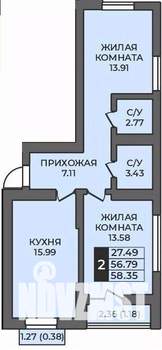 2-к квартира, строящийся дом, 58м2, 12/12 этаж