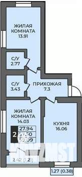 2-к квартира, строящийся дом, 59м2, 11/12 этаж