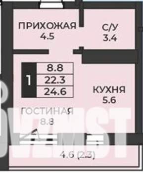 1-к квартира, строящийся дом, 25м2, 2/7 этаж