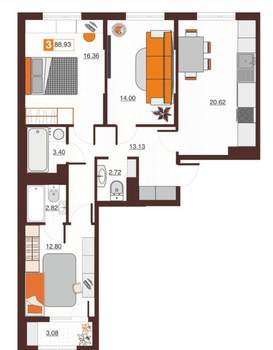 3-к квартира, вторичка, 89м2, 8/17 этаж