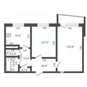 2-к квартира, вторичка, 52м2, 7/9 этаж