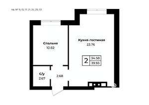 2-к квартира, строящийся дом, 40м2, 8/11 этаж