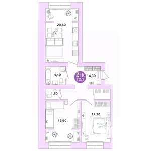 2-к квартира, вторичка, 72м2, 1/4 этаж