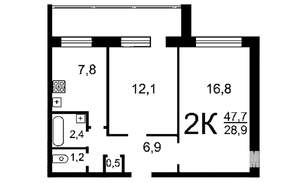 2-к квартира, вторичка, 47м2, 2/12 этаж