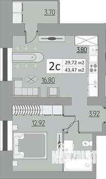 2-к квартира, строящийся дом, 43м2, 1/15 этаж