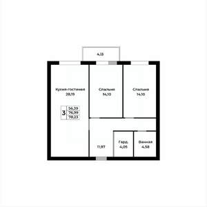 3-к квартира, вторичка, 78м2, 6/15 этаж
