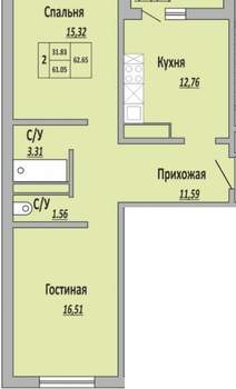 2-к квартира, вторичка, 61м2, 4/17 этаж