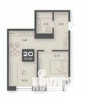 2-к квартира, строящийся дом, 46м2, 2/4 этаж