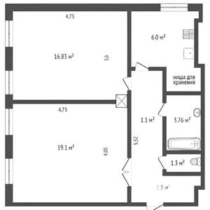 2-к квартира, вторичка, 58м2, 1/4 этаж