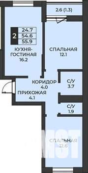 2-к квартира, строящийся дом, 56м2, 2/7 этаж