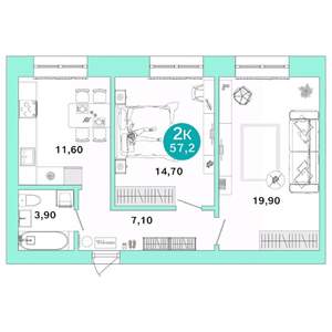2-к квартира, вторичка, 57м2, 1/4 этаж