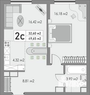 2-к квартира, строящийся дом, 50м2, 2/9 этаж