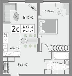 2-к квартира, строящийся дом, 50м2, 4/9 этаж