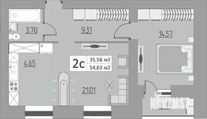 2-к квартира, строящийся дом, 55м2, 1/15 этаж
