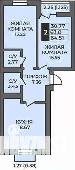 2-к квартира, строящийся дом, 65м2, 12/12 этаж