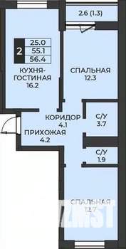 2-к квартира, строящийся дом, 56м2, 4/7 этаж